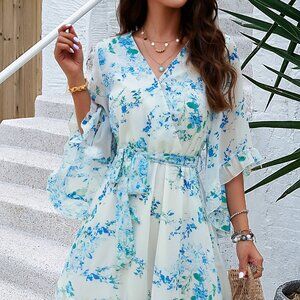 Ruffled Printed Surplice Half Sleeve Mini Dress